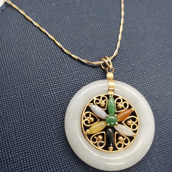 14k solid gold multi-colored Dyed Jadeite Necklace - Picture 3 of 14